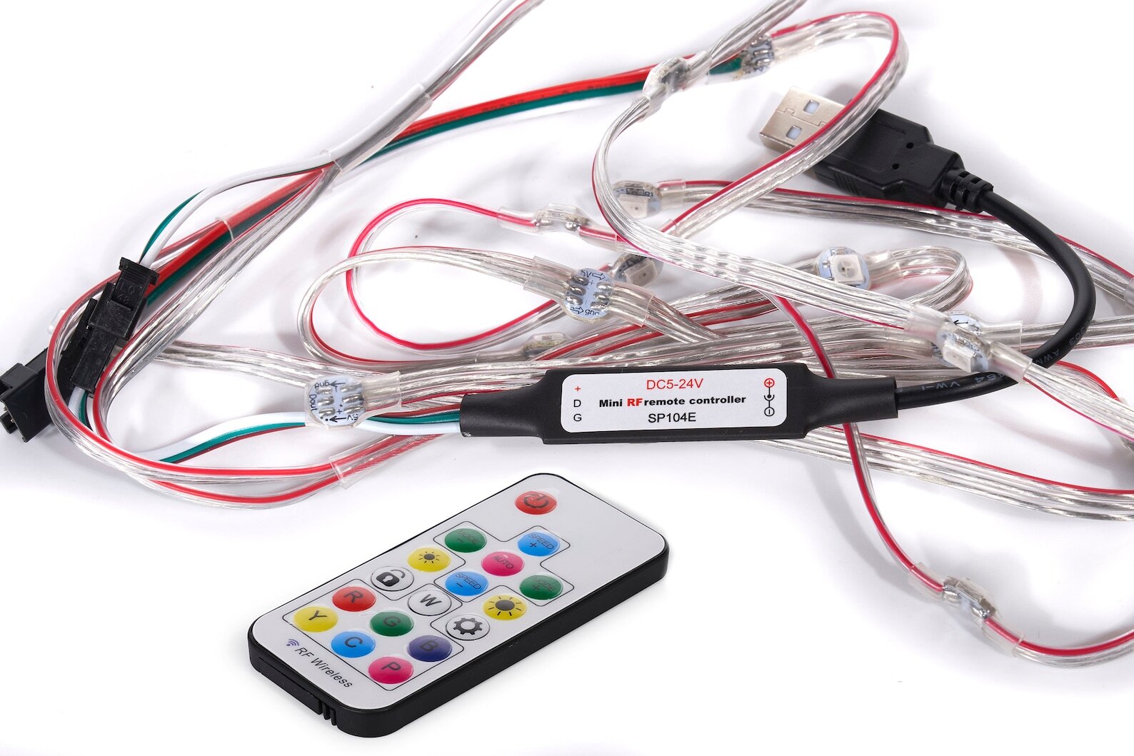 LED strand wearable application showing flexible strip bent around costume material